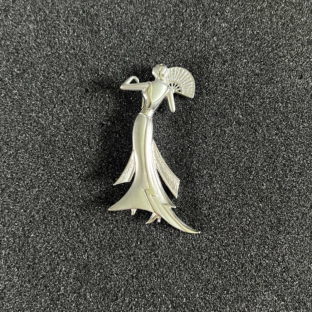 Vintage JJ Art Deco Style Lady w/Fan Brooch Pin